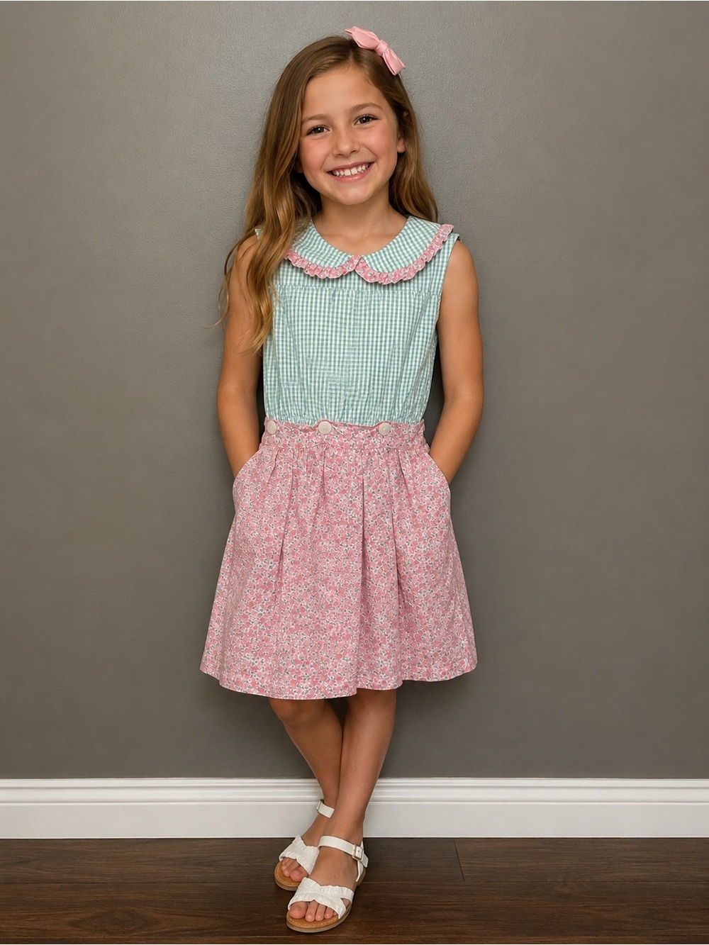 Alice Kathleen & Company Girls Pink Floral & Mint Gingham Dress